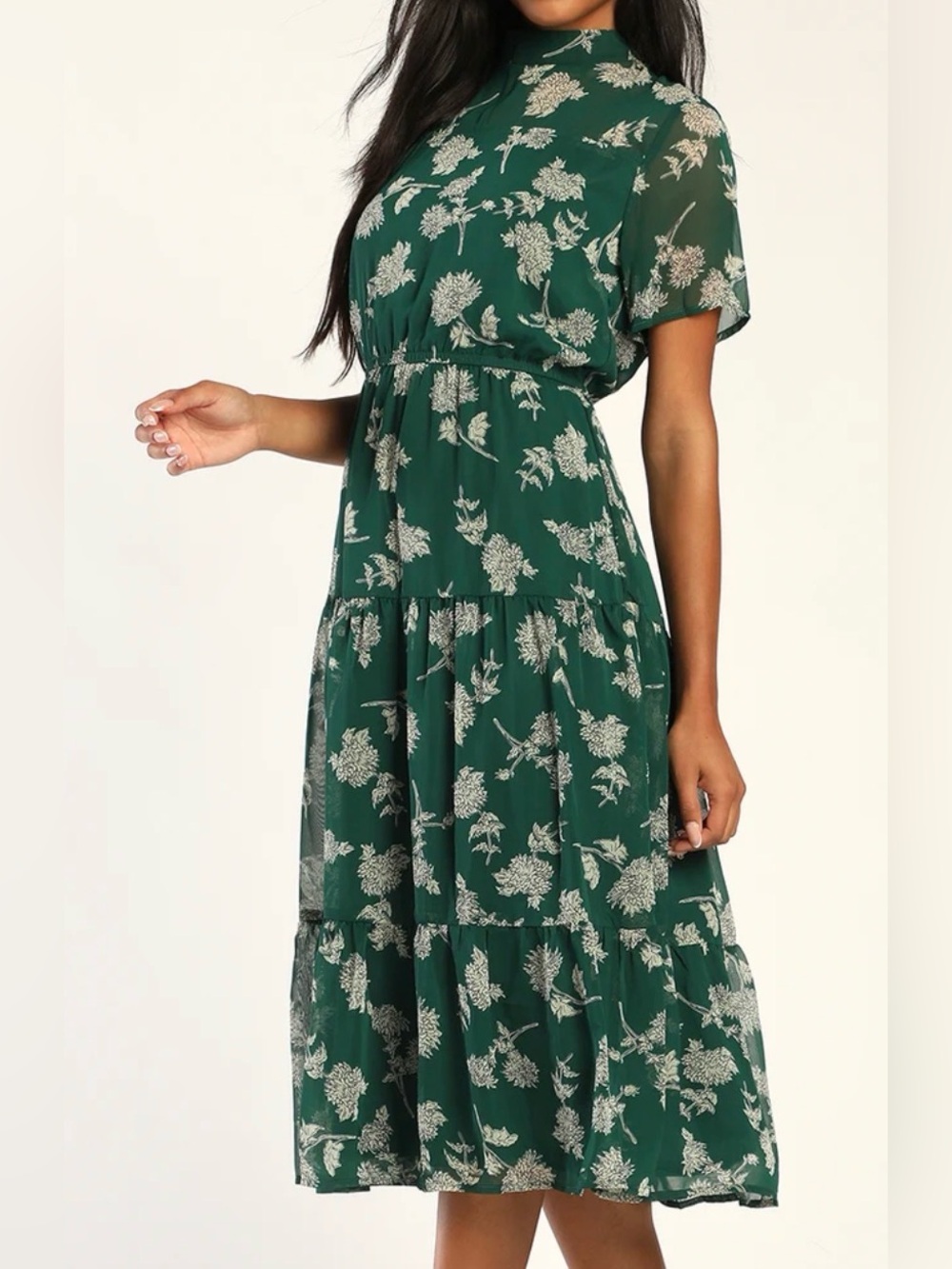 lulus Floral Dressed Up Dark Green Floral Print Midi Dress